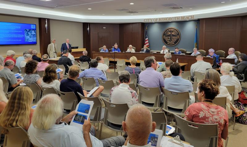 Former Sussex County Engineer Hans Medlarz and Sussex County Administrator Todd Lawson talk to Rehoboth Beach commissioners about the formation of a regional wastewater partnership that would also include Lewes Board of Public Works. CHRIS FLOOD PHOTO